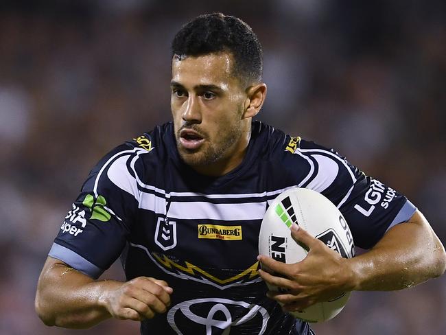 MACKAY, AUSTRALIA - MARCH 02: Jordan Kahu of the Cowboys runs the ball during the NRL Trial match between the Melbourne Storm and the North Queensland Cowboys on March 02, 2019 in Mackay, Australia. (Photo by Ian Hitchcock/Getty Images)