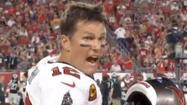 Buccaneers quarterback Tom Brady yells on the sidelines during Sunday’s game against the Panthers. Picture: Twitter