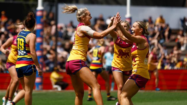 Orla O'Dwyer celebrates her spectacular boundary line goal. Picture: Michael Willson/AFL Photos