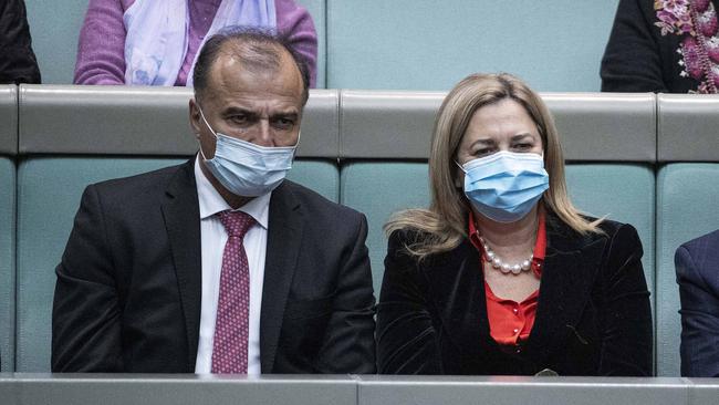 Premier Annastacia Palaszczuk with partner Dr Reza Adib during Question Time in Parliament House in Canberra. Picture: Gary Ramage