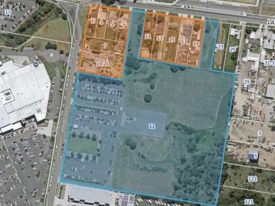 The proposed development site in blue and the properties council suggests could be consolidated for future development in orange. Picture: supplied