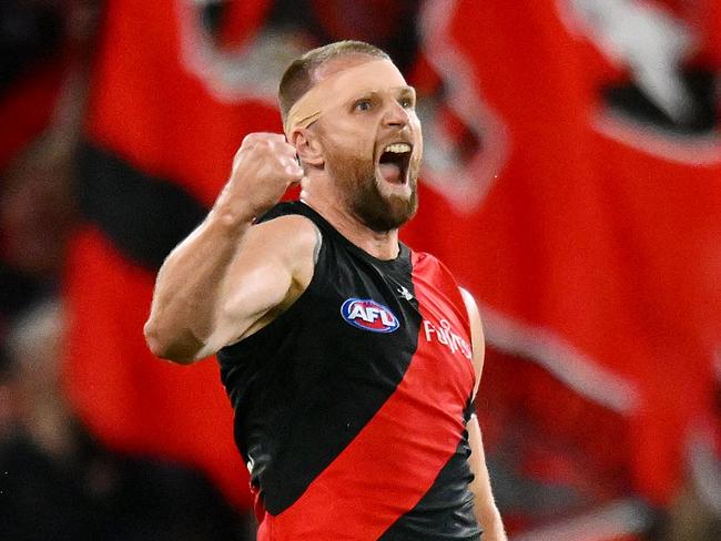 MELBOURNE, AUSTRALIA - MAY 11: Jake Stringer of the Bombers celebrates a goal during the round nine AFL match between Essendon Bombers and Greater Western Sydney Giants at Marvel Stadium, on May 11, 2024, in Melbourne, Australia. (Photo by Morgan Hancock/AFL Photos/via Getty Images)