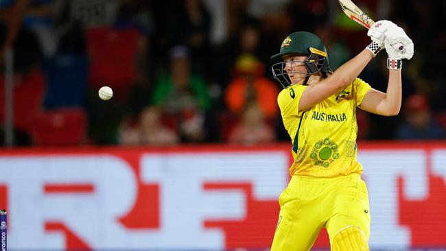 Australia's Tahlia Mcgrath watches the ball after playing a shot during the Group A T20 women's World Cup cricket match between South Africa and Australia at St George's Park in Gqeberha on February 18, 2023. (Photo by Marco Longari / AFP)