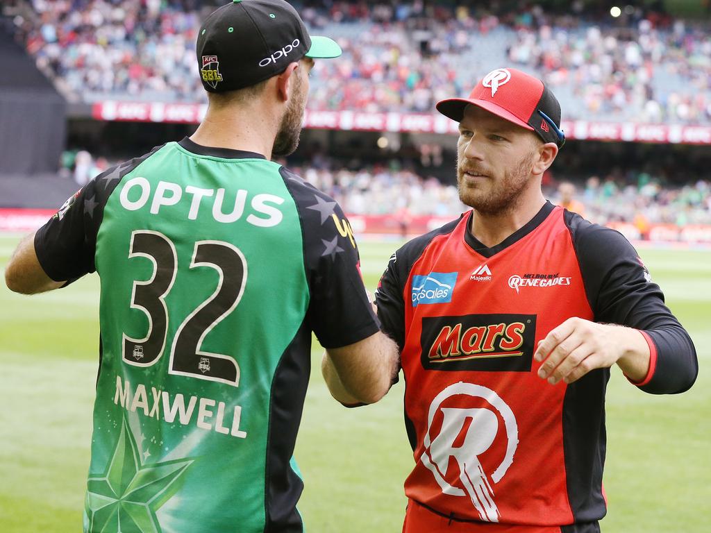 Aaron Finch and Glenn Maxwell following the Renegades’ 2019 BBL championship victory over the Stars. Picture: Michael Klein