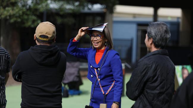 Dai Le speaks to voters at Canley Heights Public School. Picture: Jane Dempster