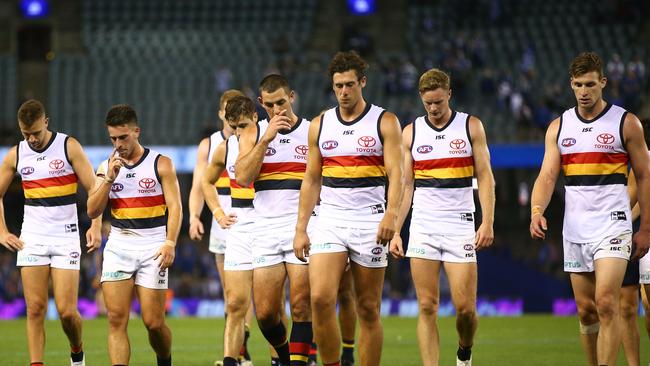 The Crows after their capitulation to North Melbourne on Saturday. Picture: Scott Barbour/Getty Images