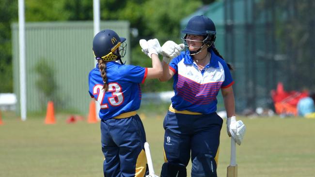 Sophie Clune and Kate McTaggart batting for the New Coasters. 2024 women's under-19s country championships final between New Coasters and South West at Wiigulga Sporting Complex, Woolgoolga. Picture: Leigh Jensen