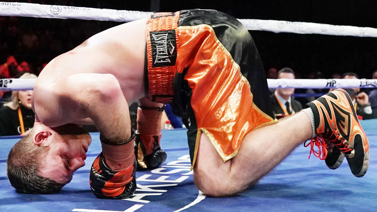 Australian boxer Jeff Horn hits the deck against Michael Zerafa in Bendigo.