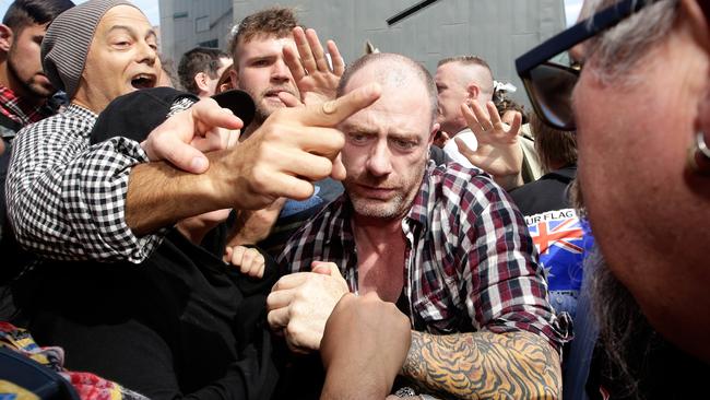 Protesters clashed at an earlier rally at Federation Square in April. Picture: Hamish Blair