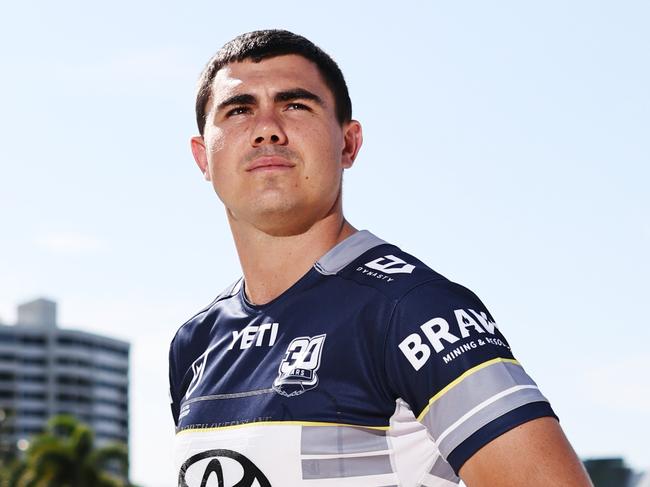 The North Queensland Cowboys have visited Cairns to launch their 30th anniversary jersey, which will be worn for the 2025 NRL season. North Queensland Cowboys player Jake Clifford launches the club's 30 year jersey at the Cairns Esplanade lagoon. Picture: Brendan Radke