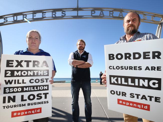 Gold Coast tourism operators rally together driving en masse through Surfers Paradise to protest the proposed border closures until September. The rally was called toot for Tourism.Sarah Colgate from Aquaduck, Anthony Ardern from Whales in Paradise and Greg Daven from Hot Air let their feelings be known..Picture Glenn Hampson