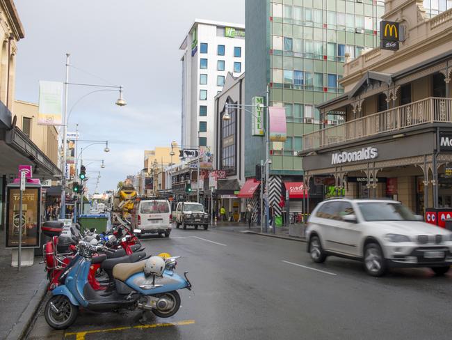 Hindley Street from the corner of Peel Street looking west as it currently appears.