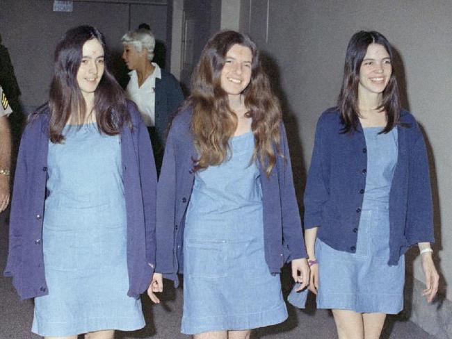 Manson family members  Patricia Krenwinkel, Susan Denise Atkins and Leslie Van Houten smile as they arrive at court  in 1971. Picture: United Press International