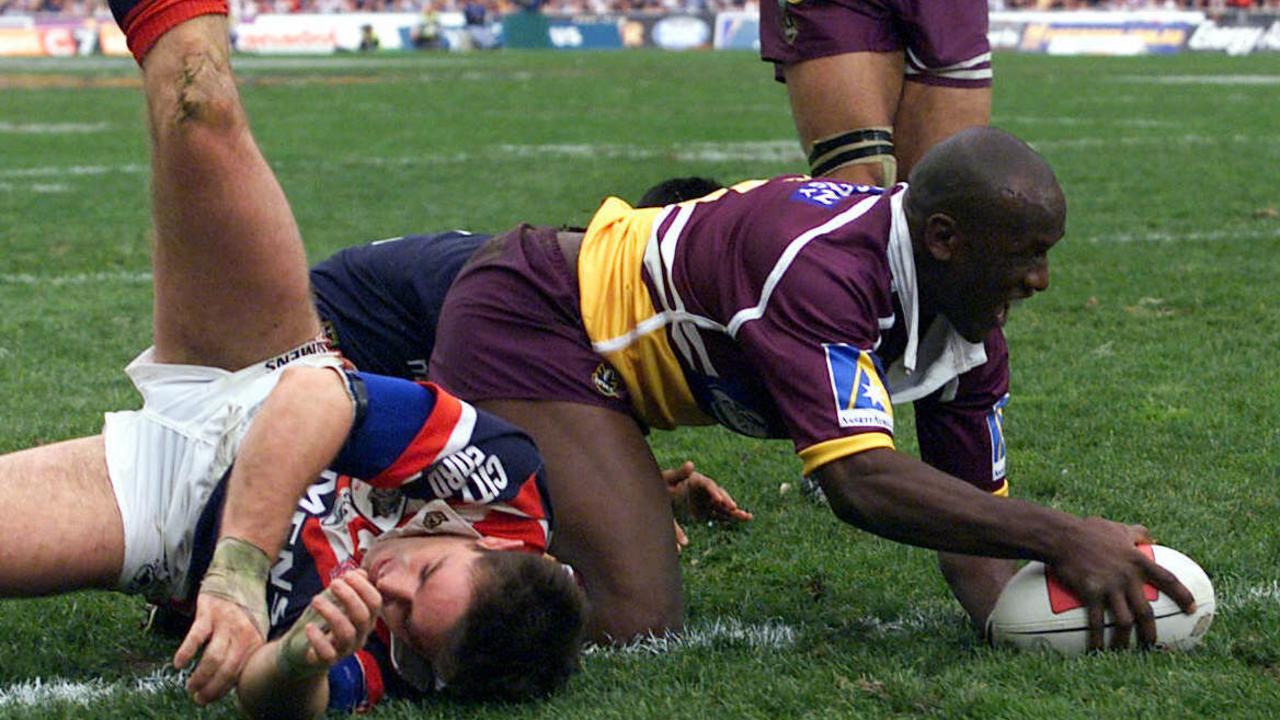 The Broncos Wendell Sailor scores a try in the last daytime grand final in 2000. Picture: Mark Evans