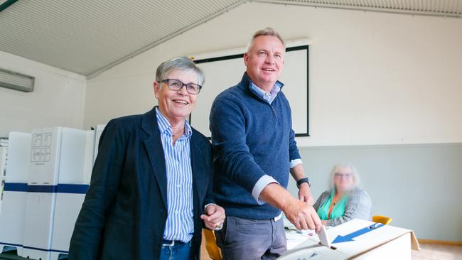 Premier Jeremy Rockliff votes with his mum Gerry at Sassafras Primary School booth in the northern Tasmanian seat of Braddon. Picture: NCA NewsWire/ Patrick Gee