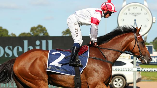 SYDNEY, AUSTRALIA - JANUARY 14: Brock Ryan riding Irish Legend wins Race 9 of the Rosehill Bowling Club Handicap during Sydney Racing at Rosehill Gardens on January 14, 2023 in Sydney, Australia. (Photo by Jeremy Ng/Getty Images)