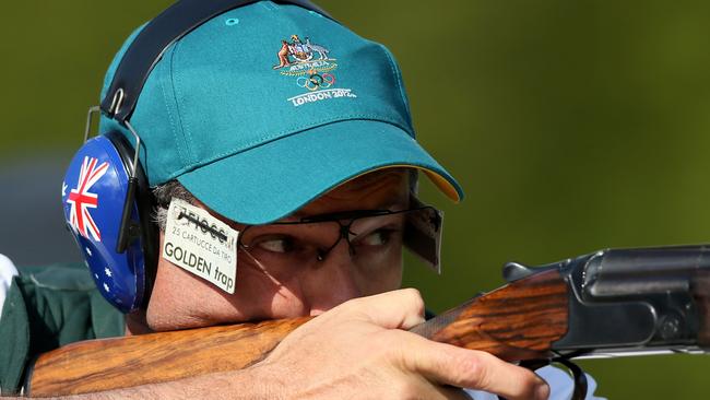(FILES) This file photo taken on August 6, 2012 shows Australia's Michael Diamond competing in the men's trap qualification at the London 2012 Olympic Games at the  Rolyal Artillery Barracks Excel centre in London.  The career of Australia's most decorated shooter Michael Diamond appears to have come to an end after a court found him guilty of firearms and drink-driving offences, and banned him from holding a gun licence for a decade. The Raymond Terrace Local Court in Sydney late on May 4, 2017 issued Diamond with a 12-month good behaviour bond, and the 