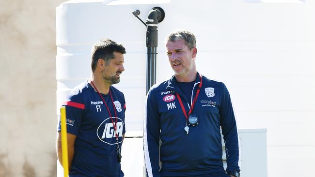 United head coach Marco Kurz (right) and assistant coach Filip Tapalovic are seen during a training session at Coopers Stadium in Hindmarsh, Adelaide, Thursday, March 14, 2019. Picture: AAP Image/David Mariuz