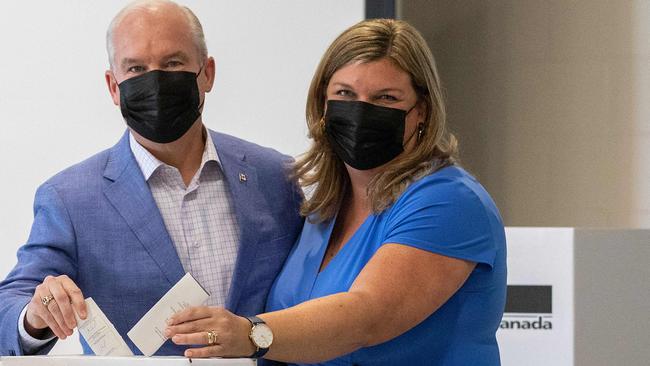 Canada's Conservative Party Leader Erin O'Toole and wife Rebecca cast their vote in Ontario. Picture: AFP.