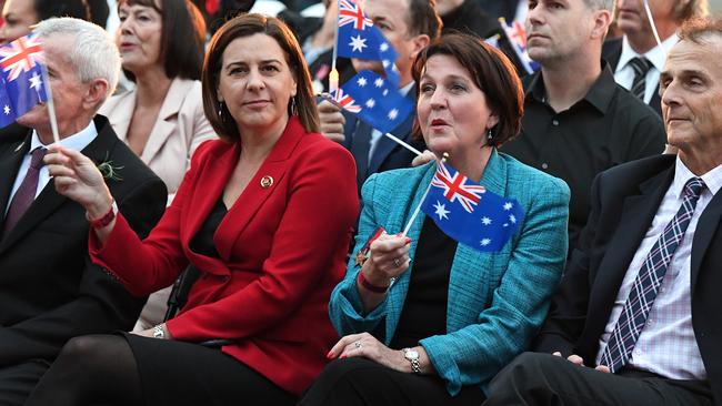 Queensland Opposition Leader Deb Frecklington with Member for Currumbin Jann Stuckey during the 2019 Anzac Day dawn service at Elephant Rock, Currumbin Beach. Picture: AAP Image/Dave Hunt