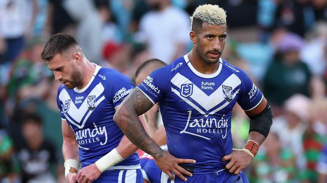 SYDNEY, AUSTRALIA - MARCH 29: Viliame Kikau of the Bulldogs looks dejected after losing the round four NRL match between South Sydney Rabbitohs and Canterbury Bulldogs at Accor Stadium, on March 29, 2024, in Sydney, Australia. (Photo by Cameron Spencer/Getty Images)