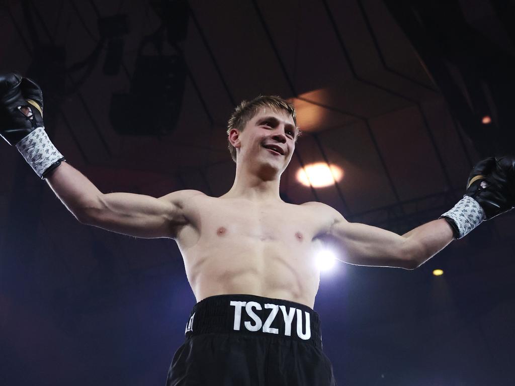 Nikita Tszyu celebrates victory after defeating Benjamin Bommber in May. Picture: Getty Images