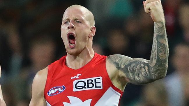 Sydney's Zak Jones celebrates kicking a goal  during AFL match Sydney Swans v North Melbourne Kangaroos at the SCG. Picture. Phil Hillyard