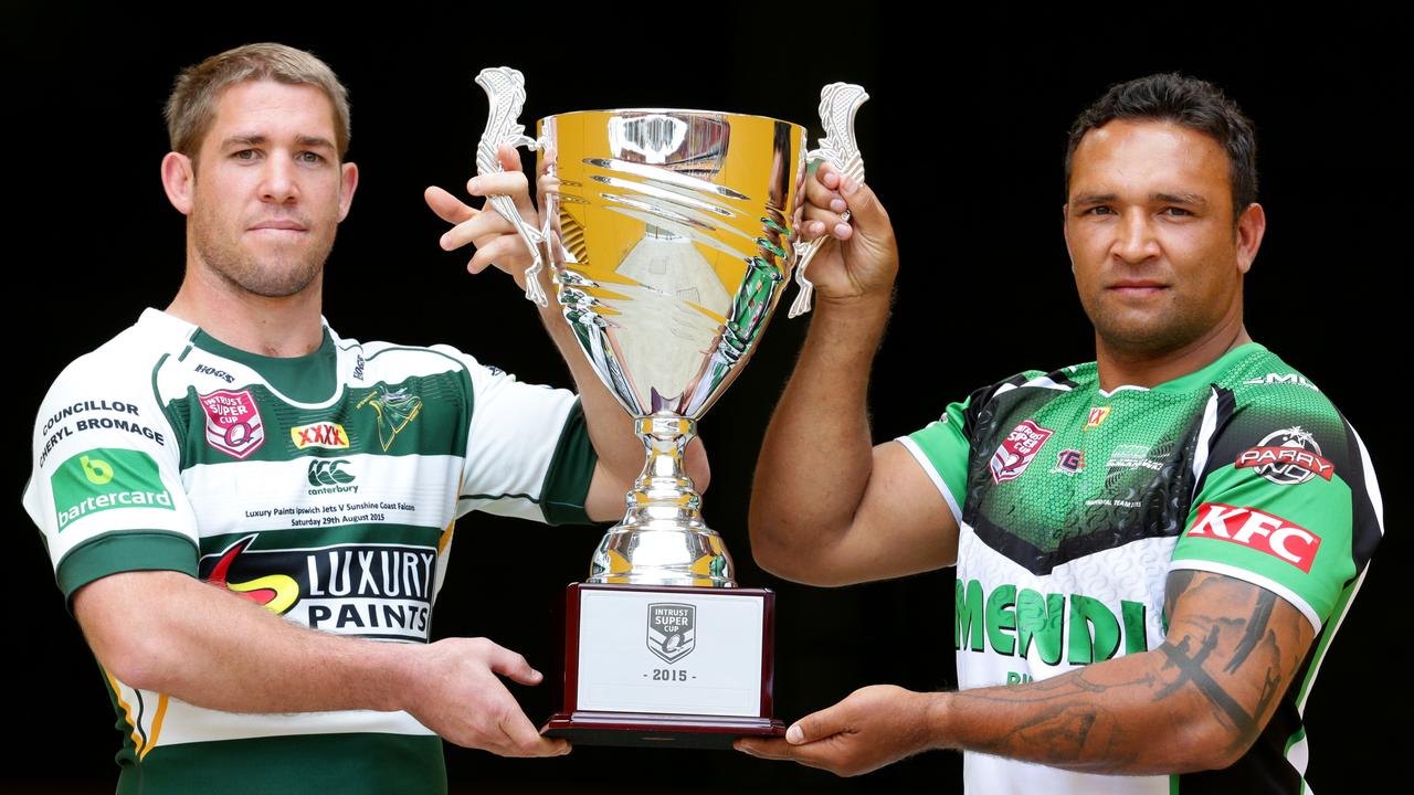 Jets captian Keiron Lander and Neville Costigan of the Townsville Blackhawks ready for the 2015 Qld Cup grand final. Picture: Darren England.