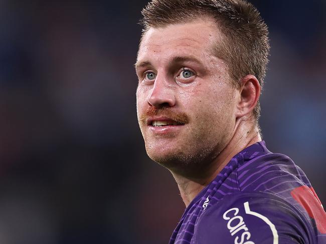 SYDNEY, AUSTRALIA - APRIL 18:  Cameron Munster of the Storm reacts after winning the round seven NRL match between Sydney Roosters and Melbourne Storm at Allianz Stadium on April 18, 2024, in Sydney, Australia. (Photo by Cameron Spencer/Getty Images)