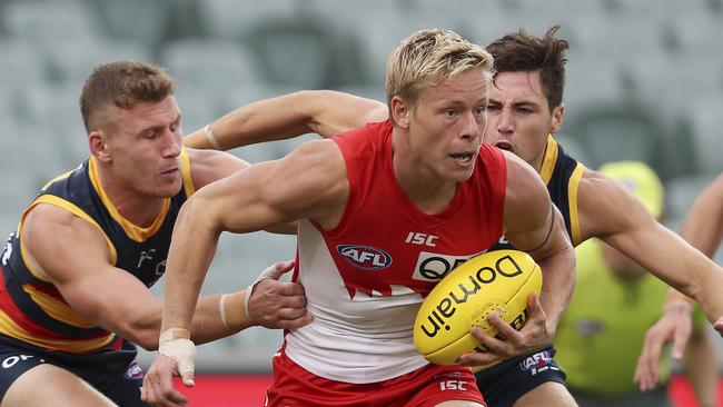 Isaac Heeney gave Adelaide’s defence a torrid time in Round 1, booting four goals.