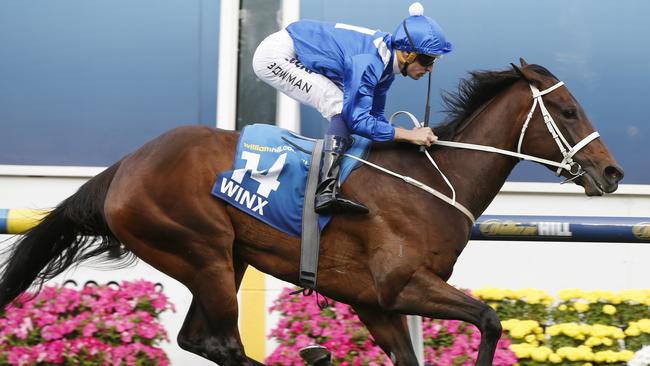 Moonee Valley Races, Race 9, The Cox Plate over 2040 metres. Winx ridden by Hugh Bowman wins the Cox Plate in commanding style . Pic: Michael Klein. 24th of October 2015. Melbourne Australia.