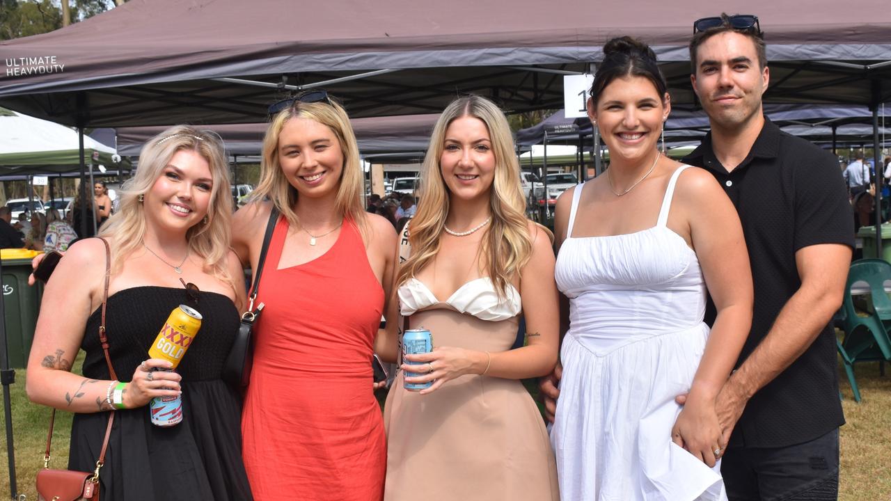 Sophie Bradbury, Jas Rolls, Elizabeth Williams, Abby Robertson and Tyson Howland at the Yeppoon Turf Club's Derby Day races at Keppel Park Racecourse on November 2, 2024.