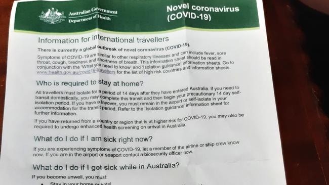 The information sheet Wayne Deaner took a photo of after arriving in Sydney on Tuesday. Picture: Supplied