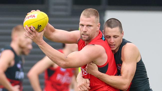 MELBOURNE, AUSTRALIA - JANUARY 13 2024Jake Stringer trains during Essendon training at the Hangar. Picture: Brendan Beckett