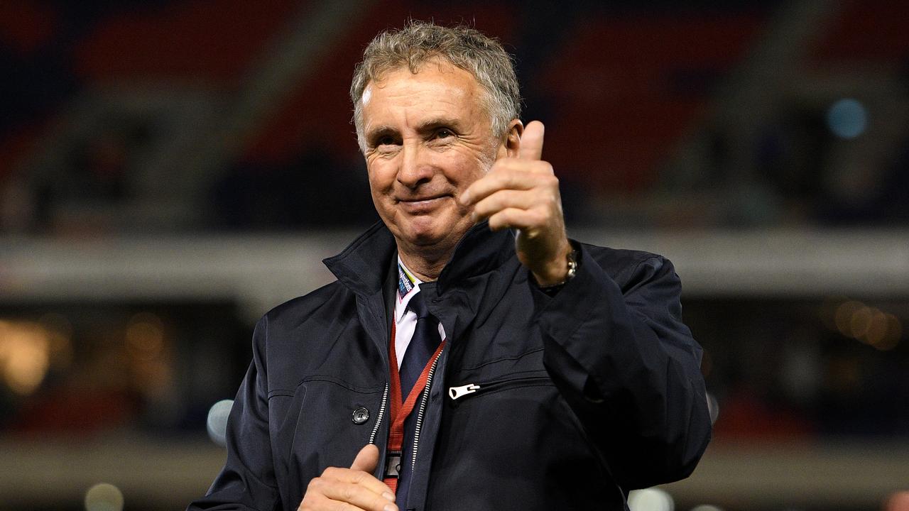 Jets coach Ernie Merrick gestures to the crowd following his team's win over City in the A-League Semi Final match between the Newcastle Jets and Melbourne City at McDonald Jones Stadium in Newcastle, Friday, April 27, 2018. (AAP Image/Dan Himbrechts) NO ARCHIVING, EDITORIAL USE ONLY
