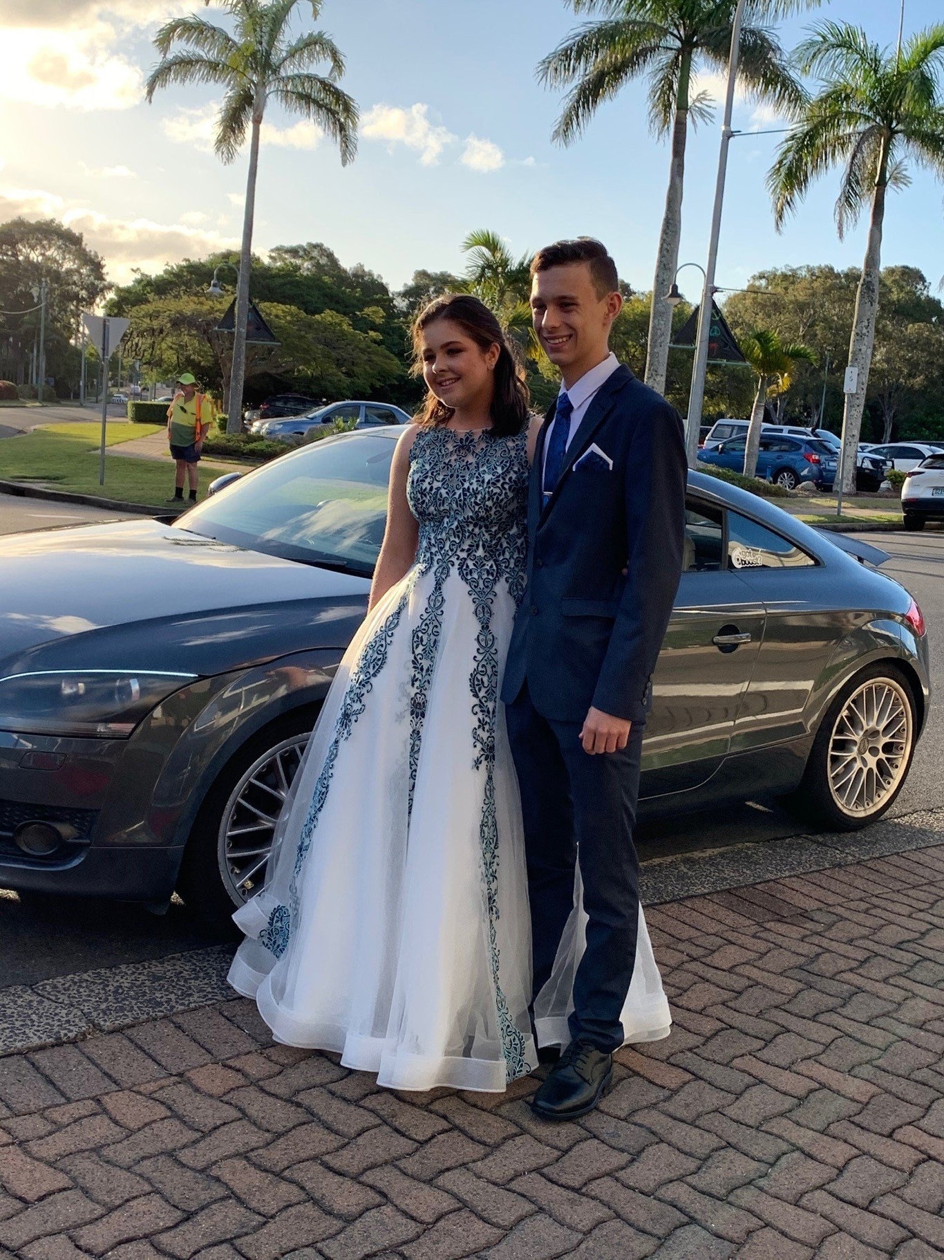 Anna Deakin and Andries Du Plooy arrive at the Fraser Coast Anglican College formal at the Hervey Bay Boat Club.