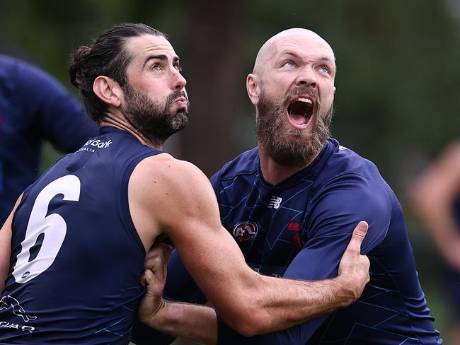 MELBOURNE . 06/02/2023.  AFL.  Melbourne training at Goschs Paddock.  Max Gawn and Brodie Grundy during todays session at Goschs Paddock . Pic: Michael Klein