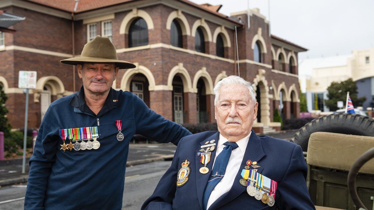 Ken Watson (left) with 77 Squadron Korea veteran Arnold Jordan before the Anzac Day morning march and service, Monday, April 25, 2022. Picture: Kevin Farmer