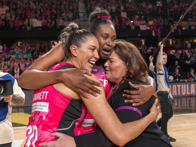 The Thunderbirds celebrate their back-to-back Super Netball grand final triumph. Picture: Ben Clark