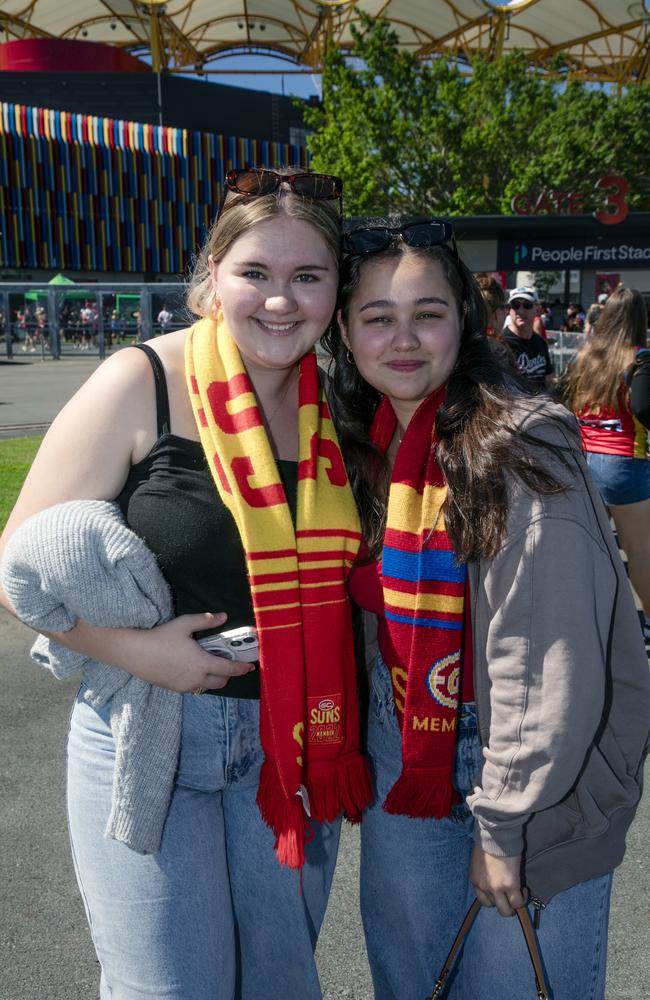 Amy Meesen and Isabella Travers before the Gold Coast Swans take on the Sydney Swans at People First Stadium, Carrara. Picture: Glen Campbell
