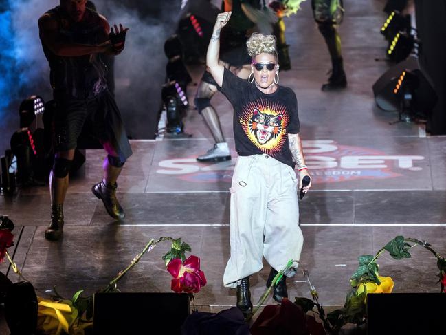 In this photo taken Wednesday, Aug. 9, 2017 US singer Alecia Moore, known under the stage name Pink, performs during her concert at the 25th Sziget (Island) Festival in Northern Budapest, Hungary. Picture: Balazs Mohai/MTI via AP