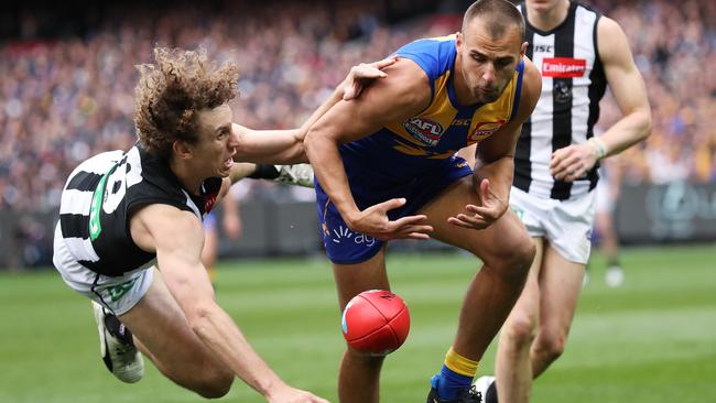 Chris Mayne knocks the ball out of Dom Sheed’s hands. Picture: Phil Hillyard