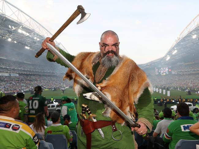 Nigel Jennens from Canberra with his viking kit on at the 2019 NRL Grand Final. Picture: Jonathan Ng