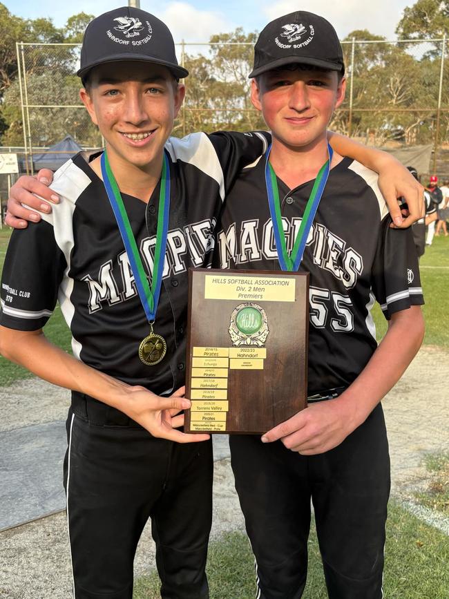 Thomas Johns (left) with teammate Hayden Bunn celebrating Hahndorf’s Mens Division 2 premiership. Picture: Supplied