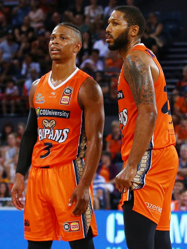 Scott Machado and DJ Newbill in the National Basketball League (NBL) match between the Cairns Taipans and the Adelaide 36ers, held at the Cairns Convention Centre. PICTURE: BRENDAN RADKE