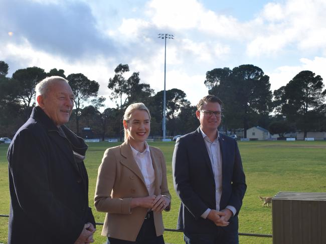 Barossa Mayor Bim Lange, Incoming liberal member Ashton Hurn and current Liberal MP Stephan Knoll at the site of sporting upgrades in the Barossa. Picture Jason Katsaras