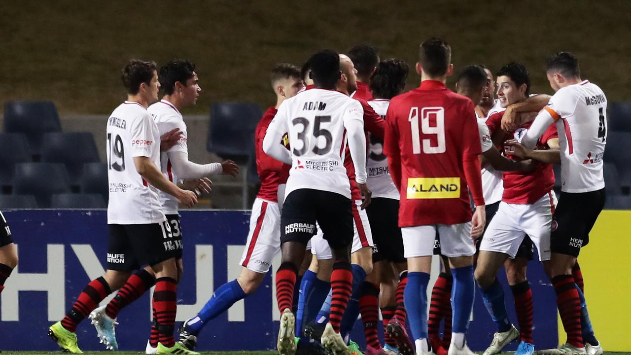 Emotions ran hot in a FFA Cup derby between Sydney United 58 FC and the Western Sydney Wanderers. (Photo by Matt King/Getty Images)