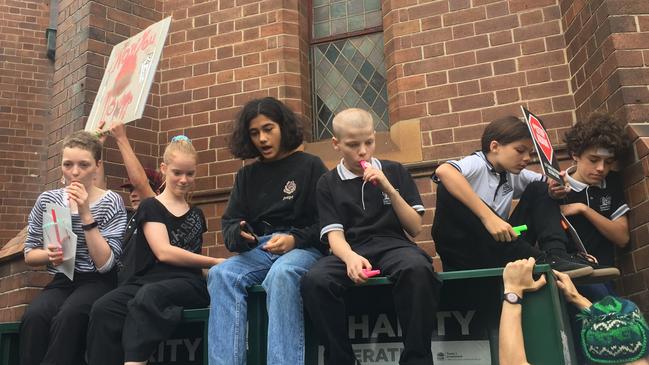 More than 100 students, teachers and parents descended outside the office of Labor's Anthony Albanese. Picture: Adella Beaini