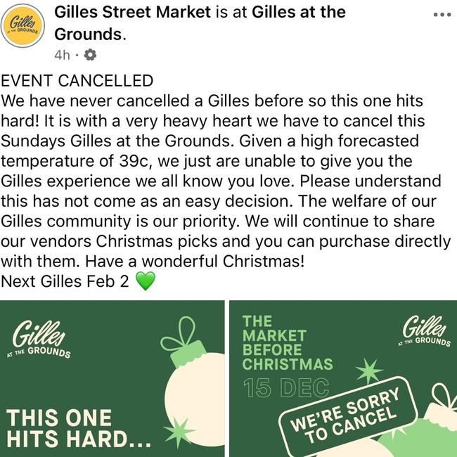 Gilles Street Christmas Market announces closure due to heat. Picture: Facebook