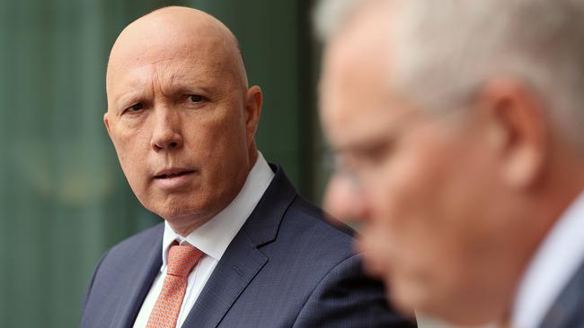 CANBERRA, AUSTRALIANewsWire Photos MARCH 01, 2022: Prime Minister Scott Morrison with Defence Minister Peter Dutton met with the national security committee of cabinet on Ukraine and the Australian floods, and then spoke to media at a press conference at Parliament House in Canberra.Picture: NCA NewsWire / Gary Ramage